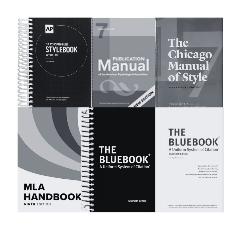 Compilation of the covers of the most commonly used style guides: AP, Bluebook, CMOS, MLA, and APA.