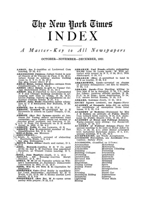 A white page with black writing in two columns, which contain the text of the index to The New York Times 1921 issues.