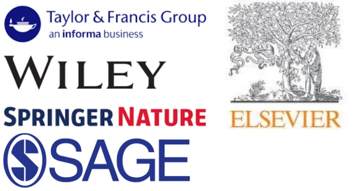 Logos of top academic book publishing houses, including Taylor & Francis, Wiley, Springer Nature, Sage and Elsevier.