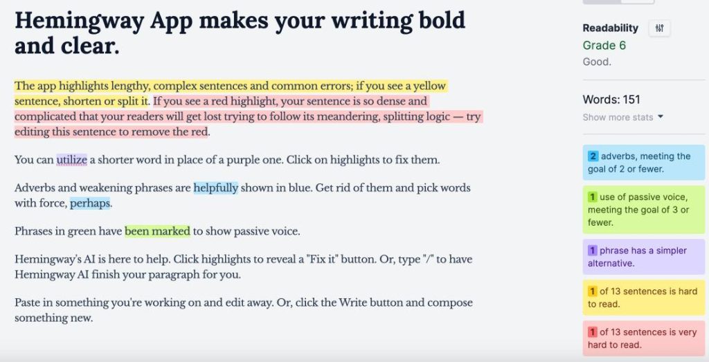 An example of a text analysed by Hemingway App with suggestions of improvement highlighted in different colours. HemingwayApp is a example of how to get help with book writing by using a writing software. 