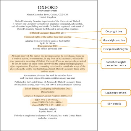 An example of the one of the most important preliminary pages — copyright page — from 'New Hart's Rules. The Oxford Style Guide' (Oxford University Press, 2014).