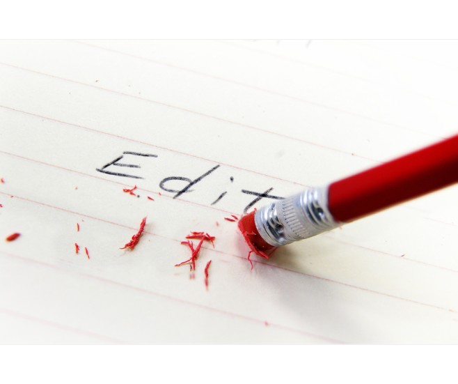 An image of a red pencil eraser erasing the word "Edit" written on a ruled paper illustrates the concept of evaluating a free sample edit.