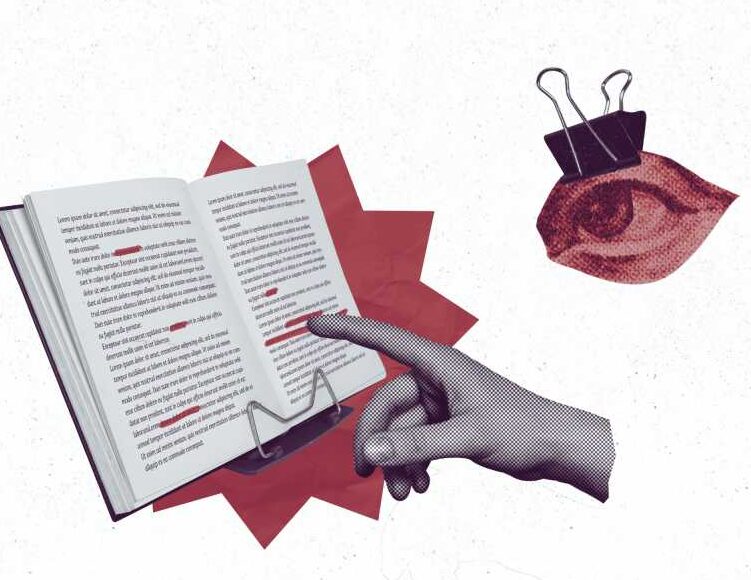 The image illustrates the types of academic writing. A hand points to an open book with red highlights, held on a stand. A red eye illustration clipped with a binder clip is visible in the corner.